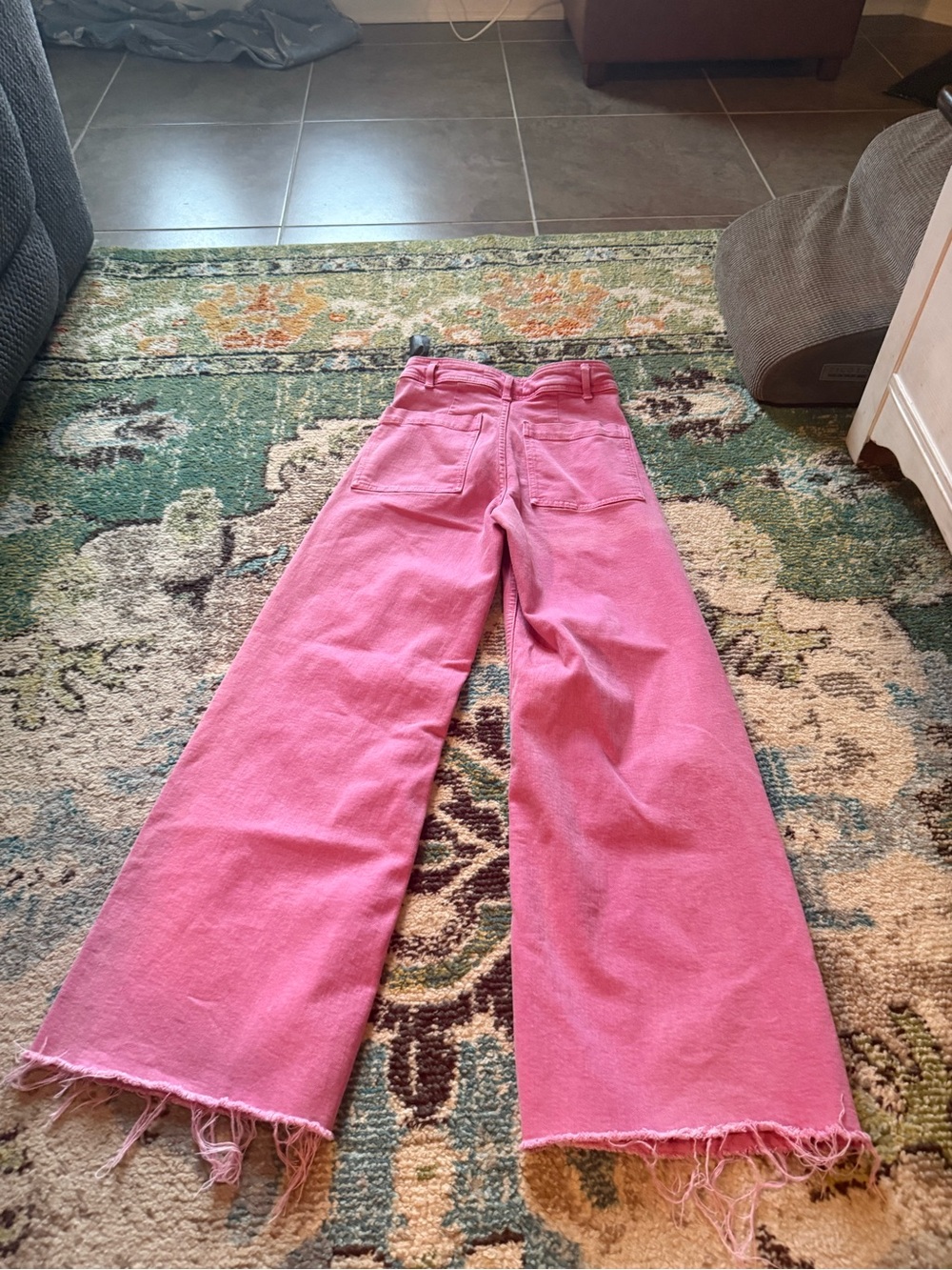 Zara Pink High Rise Wide Leg Raw Hem Jeans Barbiecore Cotton Denim Pants - Picture 9 of 10